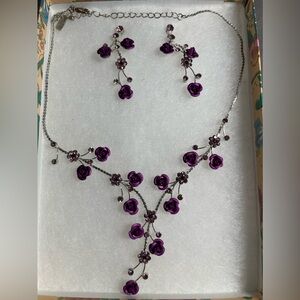 Christina collection Y Necklace Drop Earrings Purple Roses Swarovski Crystals